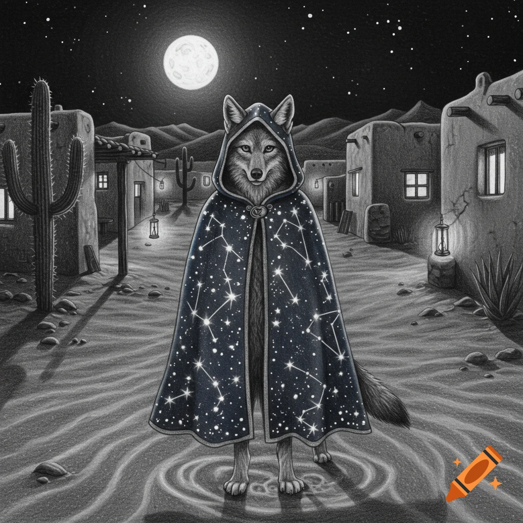 A pencil illustration of a coyote in a hooded cloak with constellations, standing in a Mexican desert village at night under a full moon.