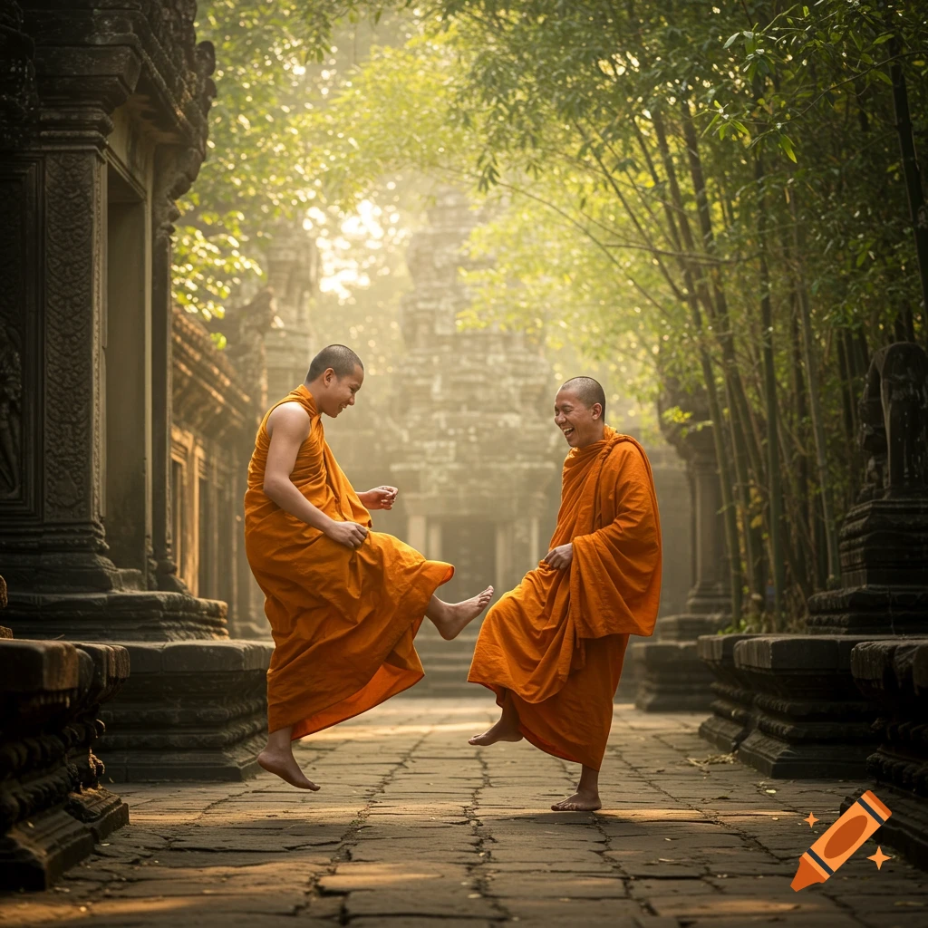 Two Buddhist monks playfully kick each other, laughing in ancient temple ruins with lush bamboo.