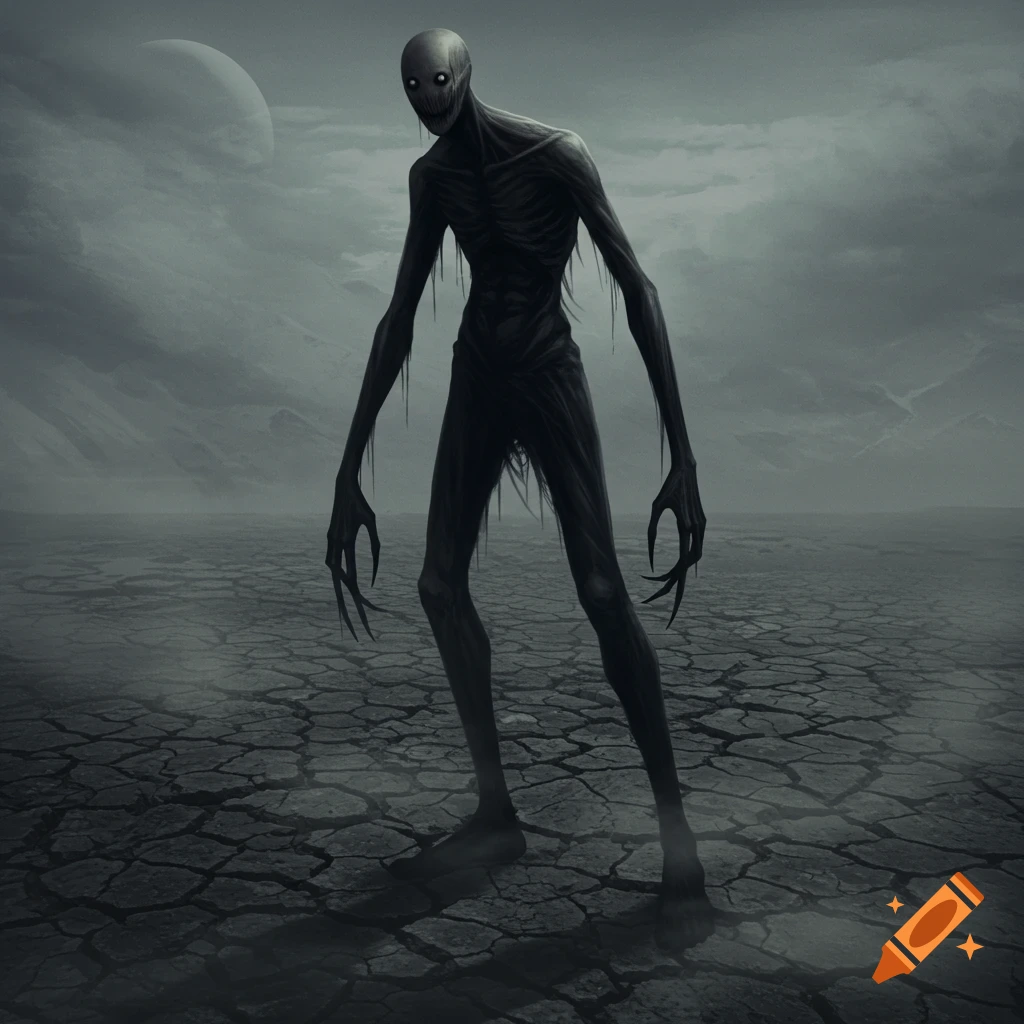 A tall, lanky, black humanoid monster with sharp claws and glowing sunken eyes stands on cracked dry land under a cloudy sky with a large moon.