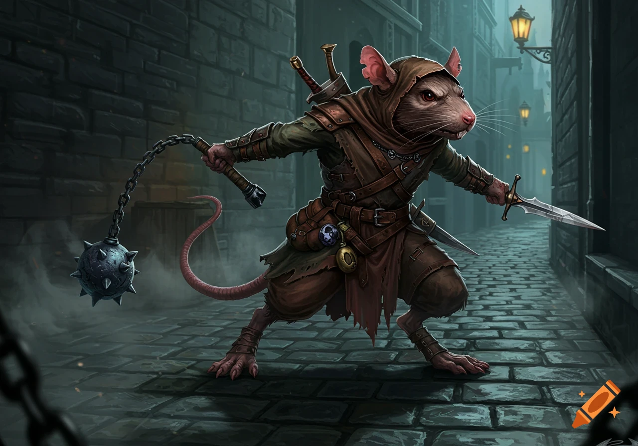 A detailed digital art image of an anthropomorphic rat rogue in a dark alley, wielding a flail and dagger.