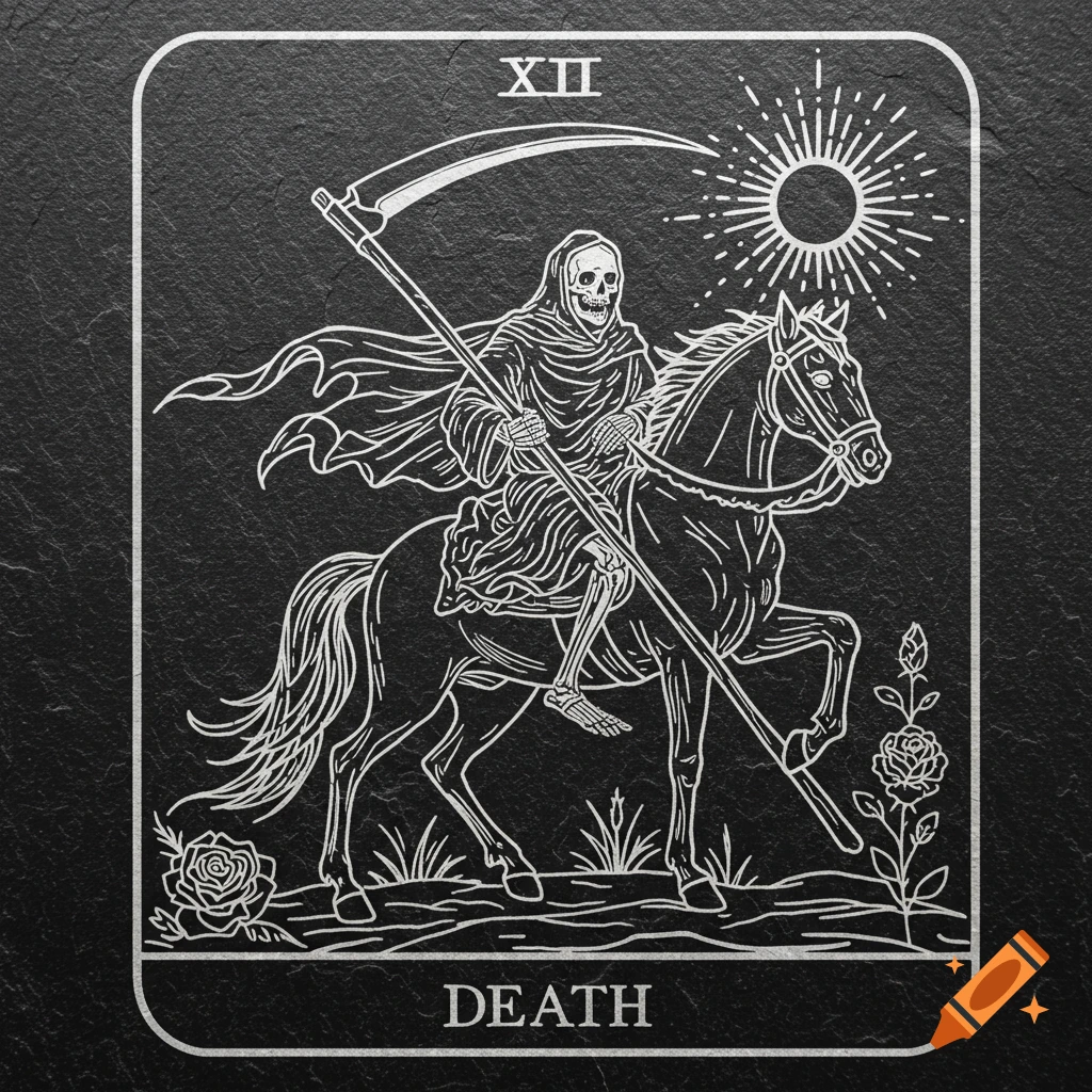 White line art of the Death tarot card, featuring the Grim Reaper riding a horse, with roses and a sun, on a dark slate background. Text reads "XII" and "DEATH".