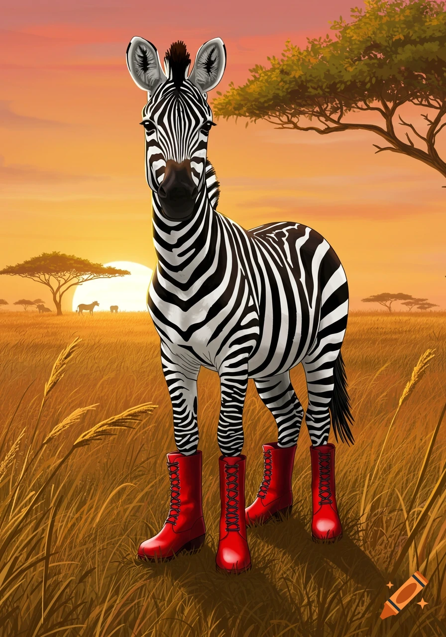 A cartoon zebra wearing bright red combat boots stands in a golden savanna with a sunset in the background.