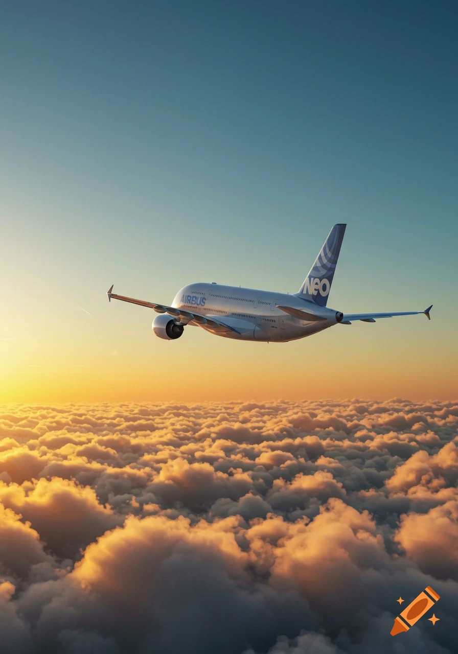 A large Airbus passenger airplane soars above a vast expanse of golden, fluffy clouds during a vibrant sunset.