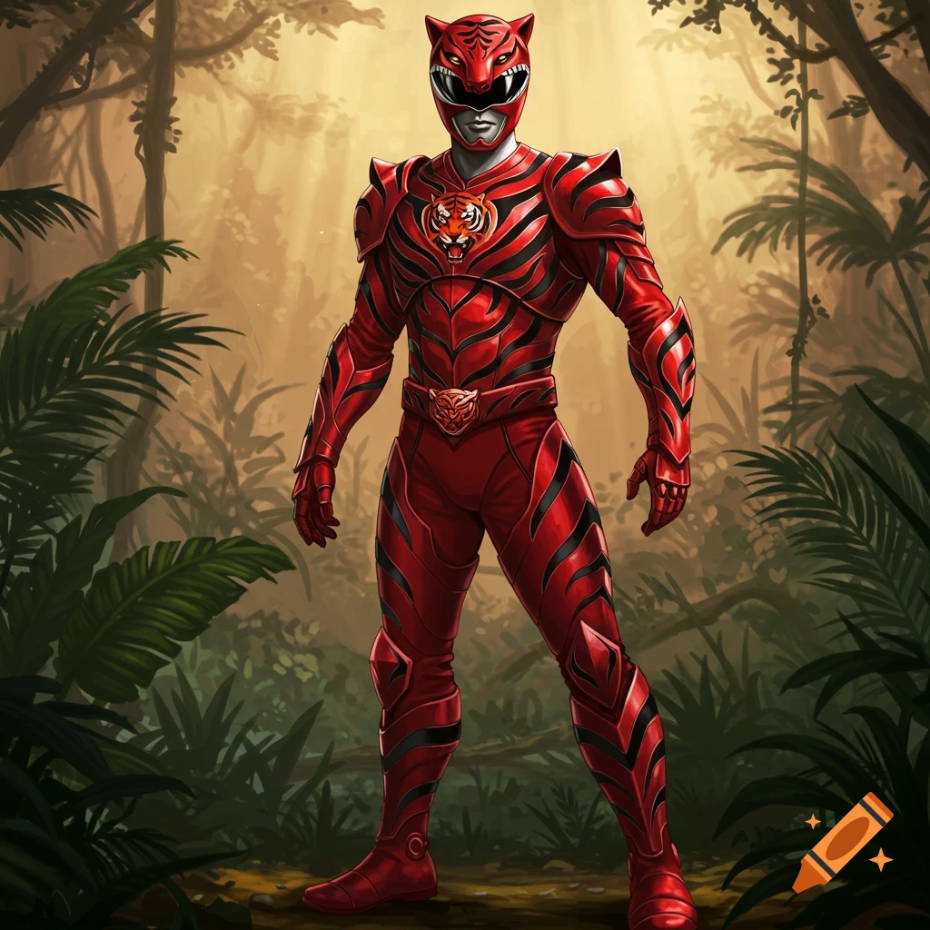 A red Power Ranger-like character with black tiger stripes and a tiger helmet stands in a sunlit jungle.
