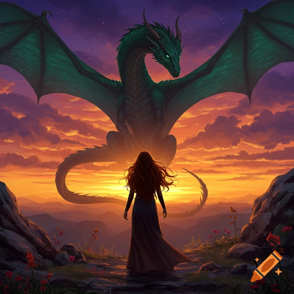 A woman with long red hair stands facing a large green dragon against a vibrant sunset sky over mountains, in an art illustration.
