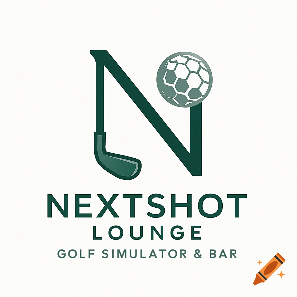 Minimalist dark green logo for NextShot Lounge, featuring a golf club forming an 'N' with a golf ball, and text 'NEXTSHOT LOUNGE GOLF SIMULATOR & BAR' on a white background.