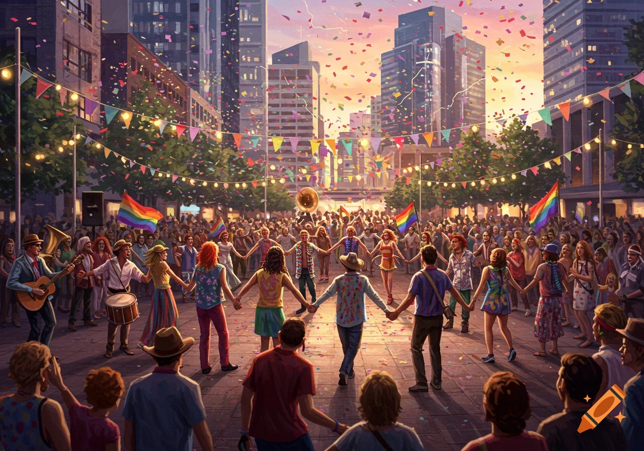 A festive outdoor celebration in a city square at sunset. A diverse crowd of people hold hands in a large circle, surrounded by rainbow flags, confetti, and string lights. Tall city buildings loom in the background.