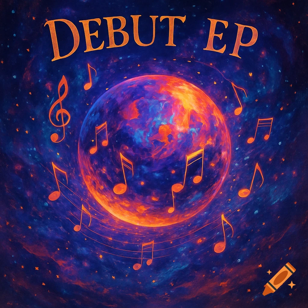 Stylized cosmic album cover with a glowing planet, floating musical notes, a treble clef, and 'DEBUT EP' text.