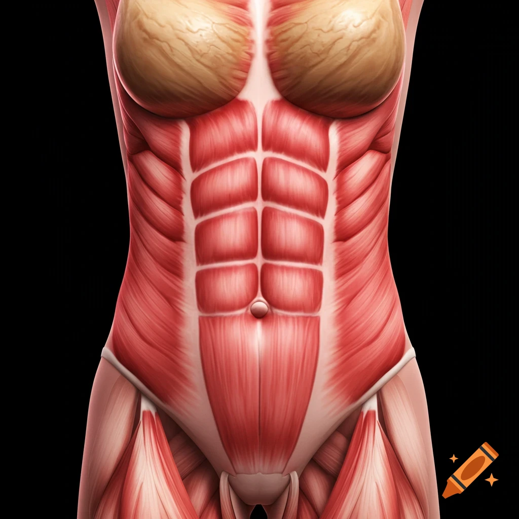 Digital illustration of a female human torso, front view, showing detailed red abdominal and chest muscles against a black background.
