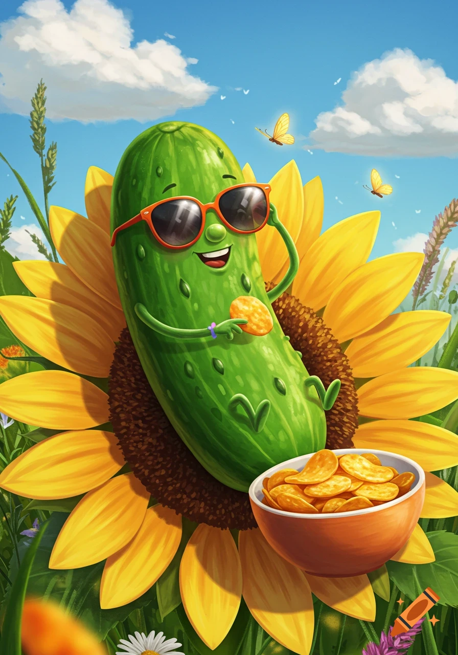 A cartoon cucumber with red sunglasses lies on a large sunflower, holding a chip while a bowl of chips rests nearby under a sunny sky.
