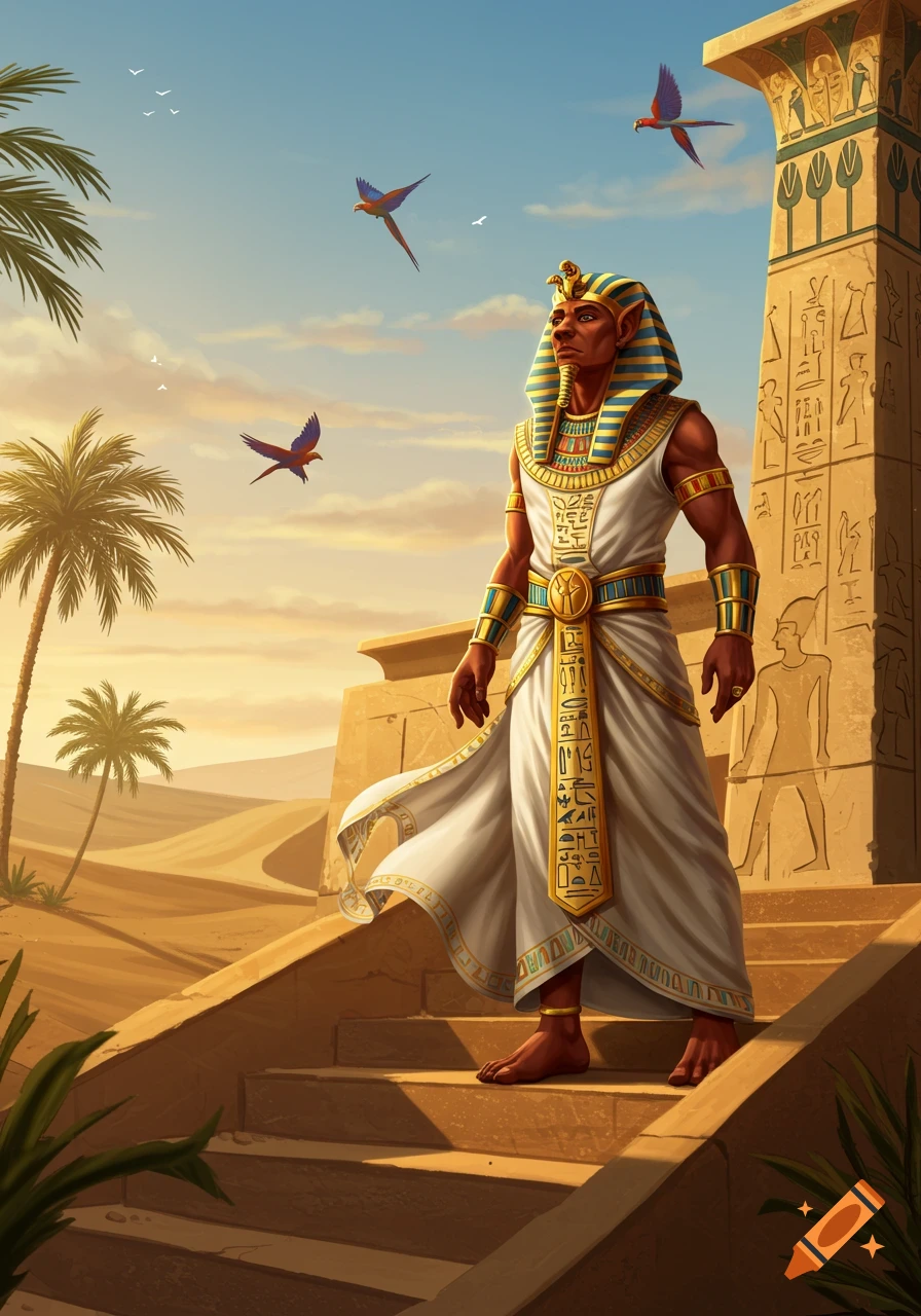 A fantasy pharaoh with elf-like ears stands on temple steps in a desert, with palm trees and birds under a sunset sky.