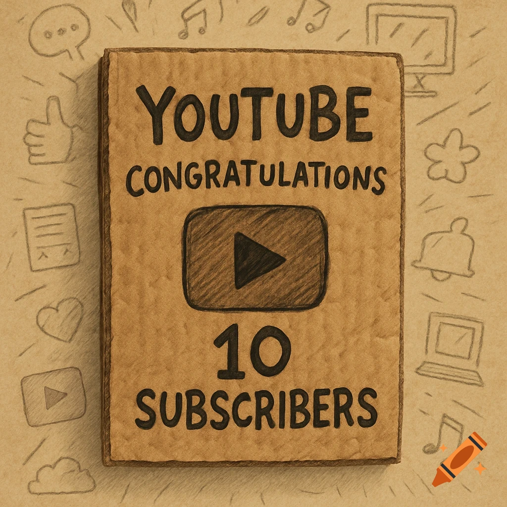 A handcrafted cardboard plaque with 'YOUTUBE CONGRATULATIONS 10 SUBSCRIBERS' and a play button logo drawn in black marker.