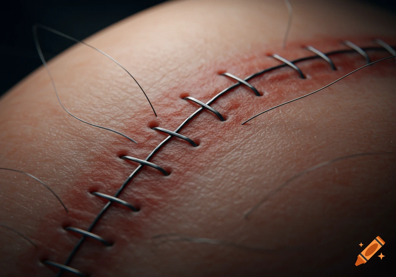 Close-up of human skin with realistic metal cross-shaped sutures and redness around the wound.