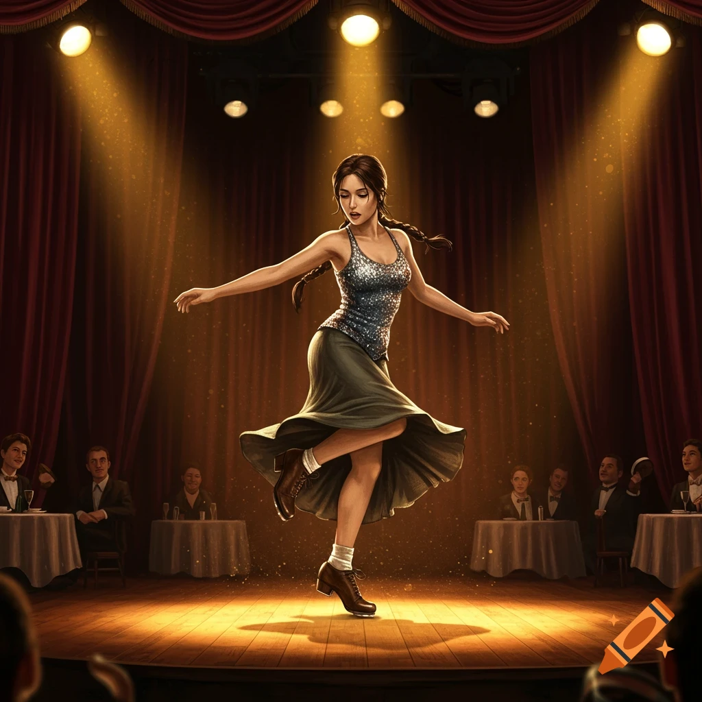 A woman with braided hair tap dancing on a spotlighted stage with red curtains and an audience. Digital illustration.