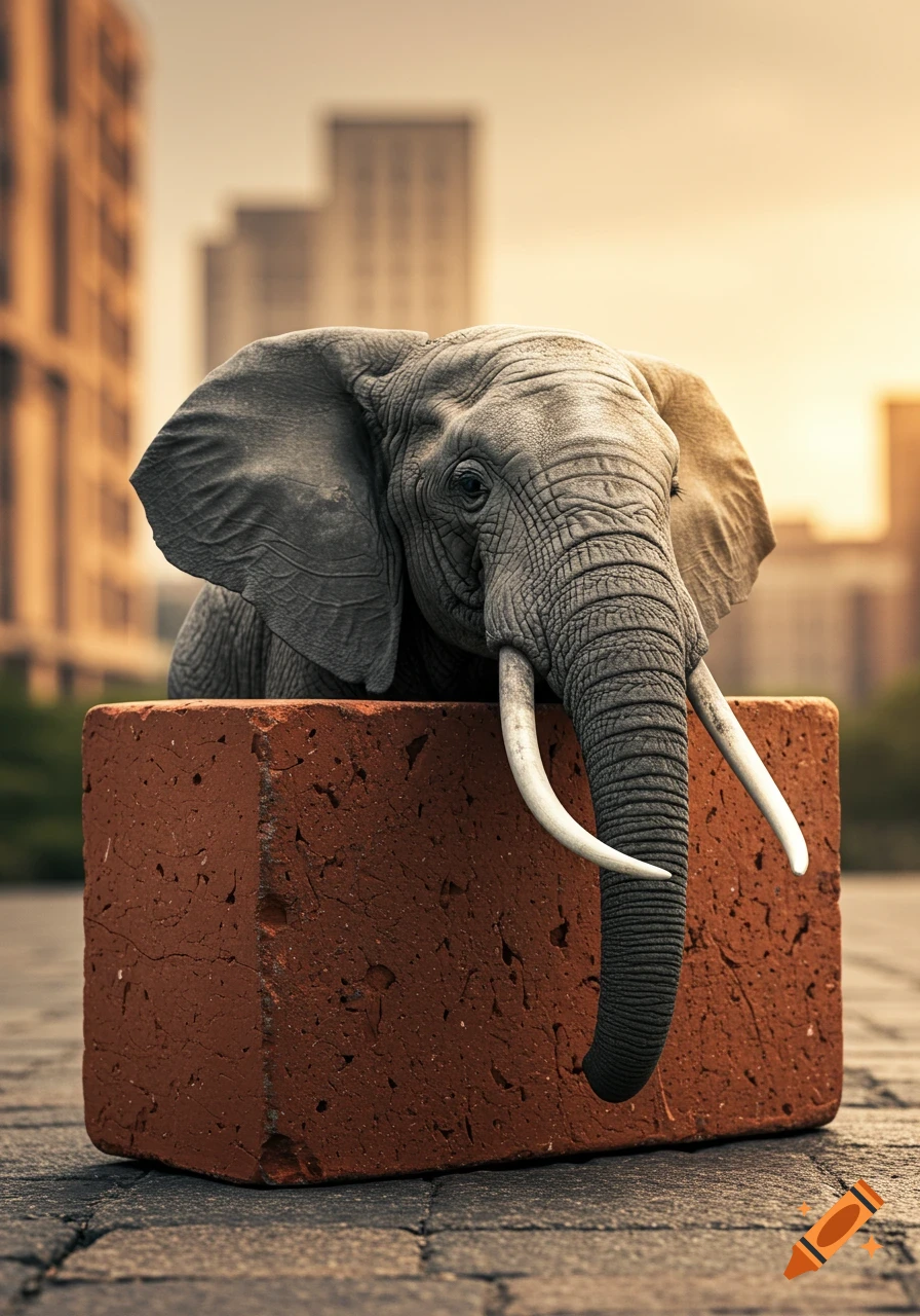 Photorealistic image of an elephant's head emerging from a large brick on a paved street, with blurred city buildings in the background.
