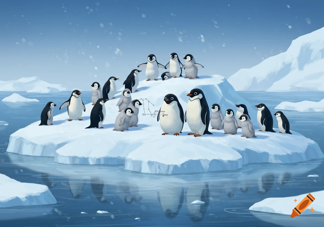 A group of illustrated penguins stands on a snowy ice floe in an arctic scene with icebergs and reflections in the water.