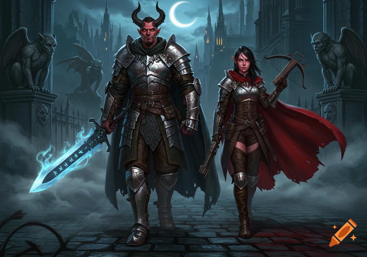 A horned man with a glowing sword and an elf-like woman with a crossbow stand in armor before a dark gothic castle gate under a crescent moon.