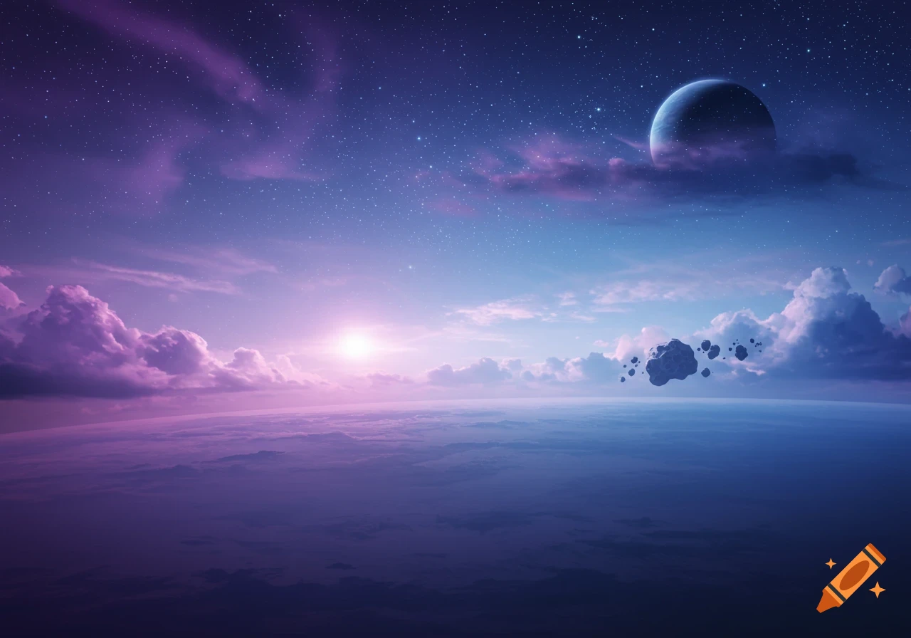 Vibrant purple and blue cosmic landscape with a distant planet, stars, floating asteroids, and ethereal clouds over a planetary horizon.