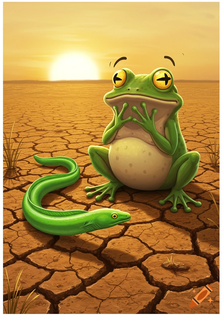 A cartoon green frog tries not to laugh, holding its mouth, while a green eel lies before it on dry, cracked earth at sunset.