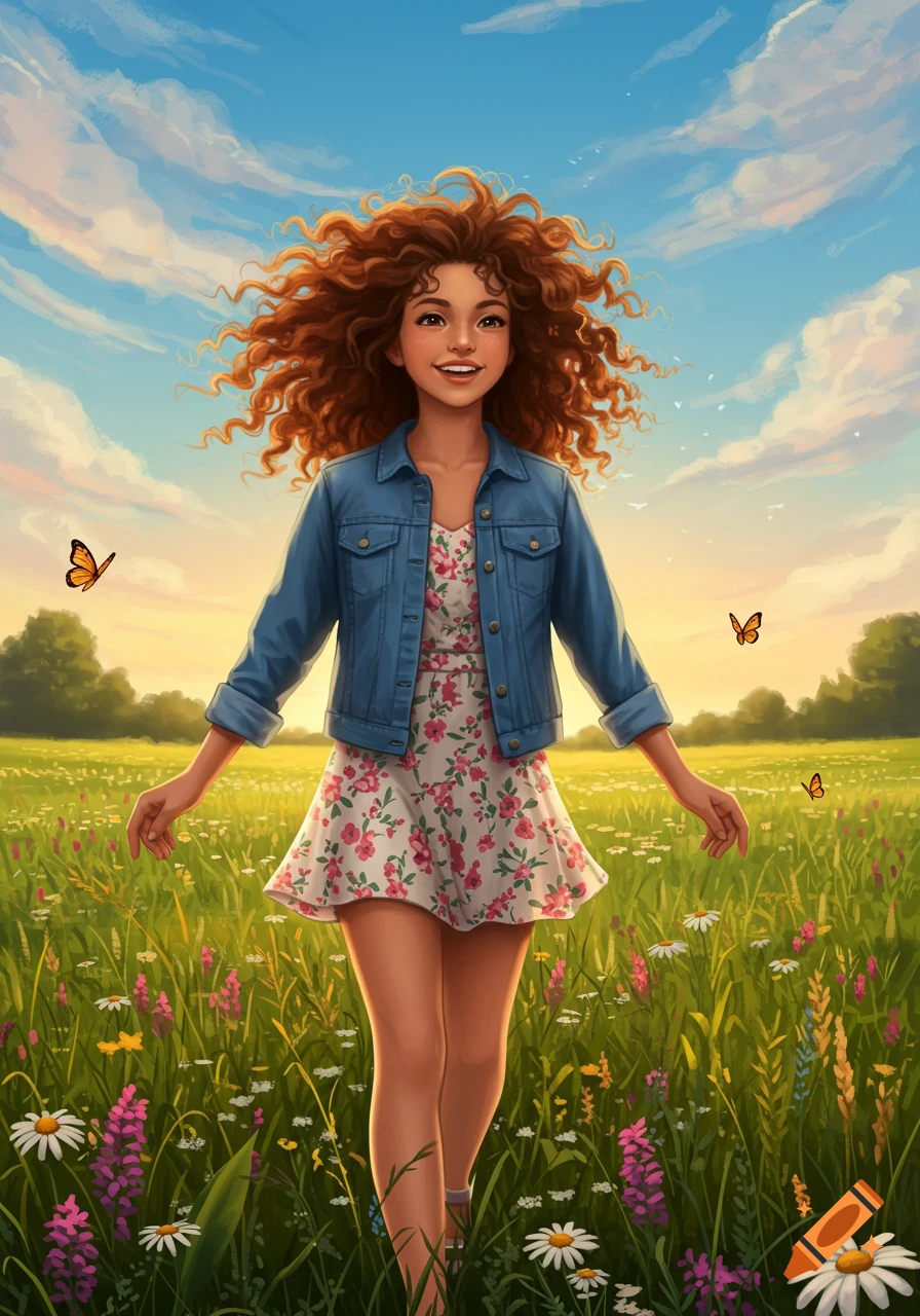A smiling teen girl with curly red hair walks through a vibrant field of wildflowers under a blue sky, digital illustration.