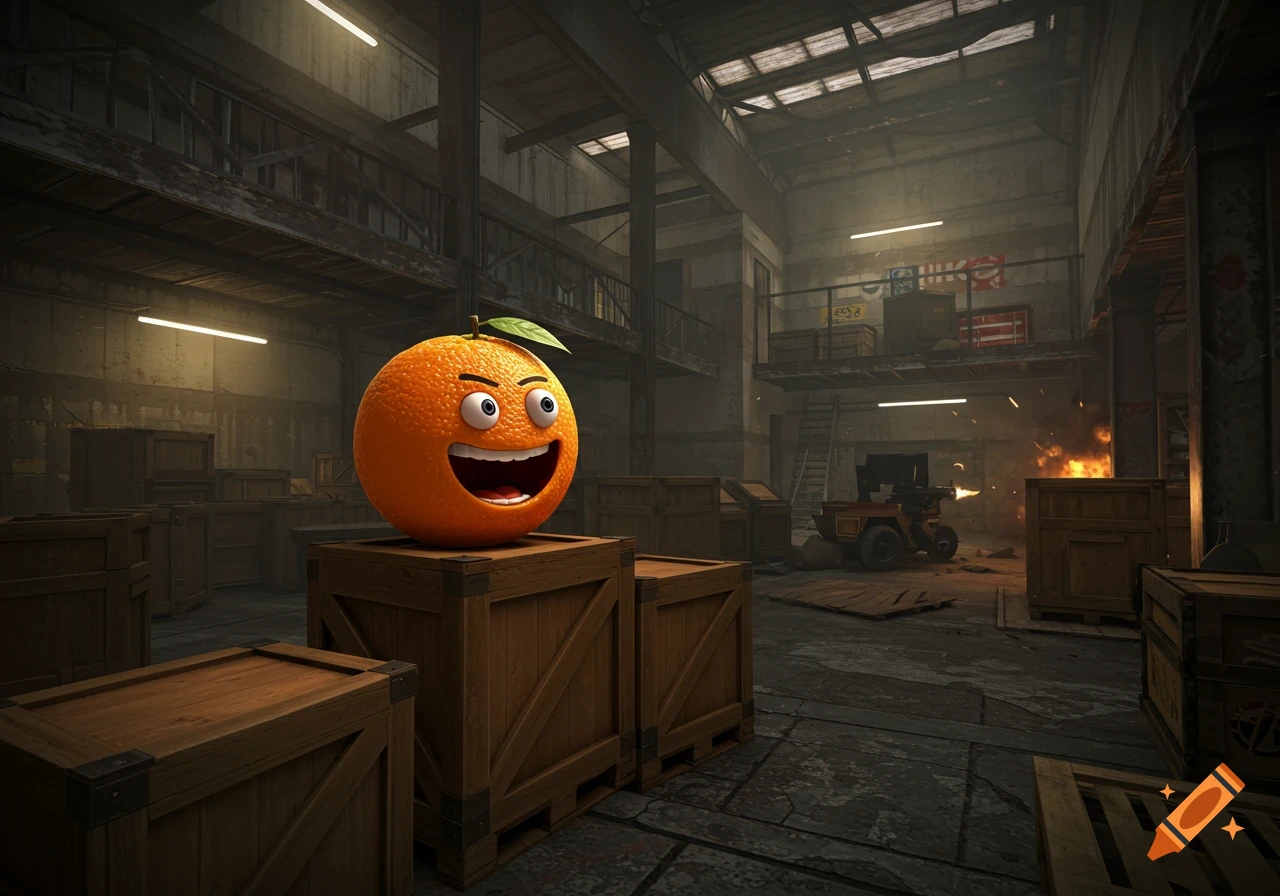 A smiling cartoon orange stands on wooden crates in a dimly lit warehouse with a battle raging, featuring gunfire and explosions.