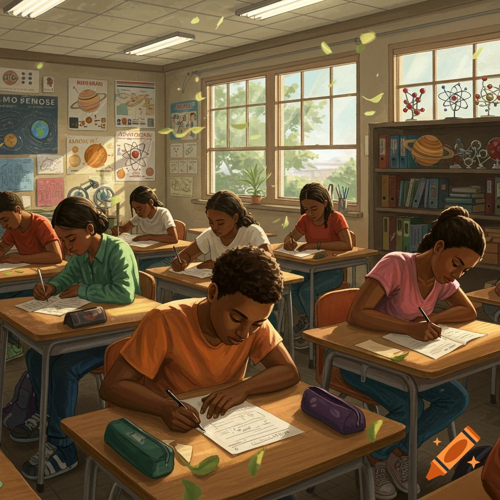 Illustrated scene of Black high school students writing exams in a classroom filled with science posters and shelves.