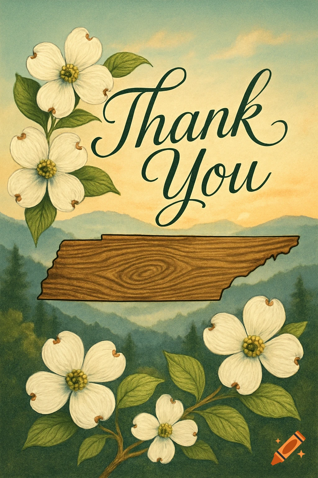 A thank you card with white dogwood flowers, 'Thank You' text, and a wooden outline of Tennessee against blue mountains.