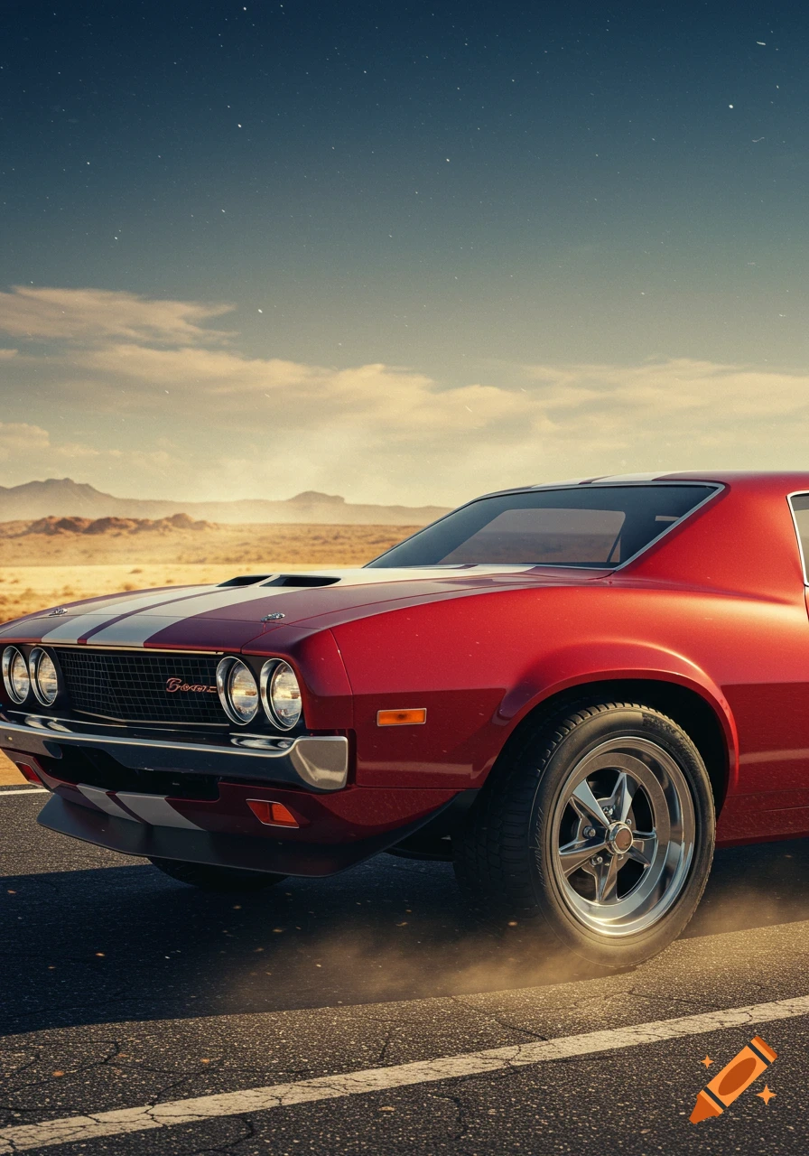 Red muscle car with white racing stripes on a desert road with mountains in the background under a star-dusted sky.