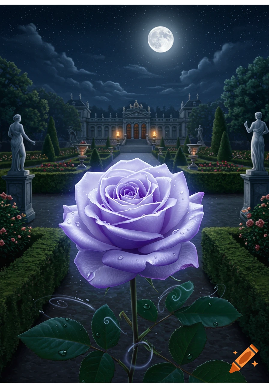 Glowing purple rose with water drops in a moonlit royal garden, grand palace in the background, digital art.