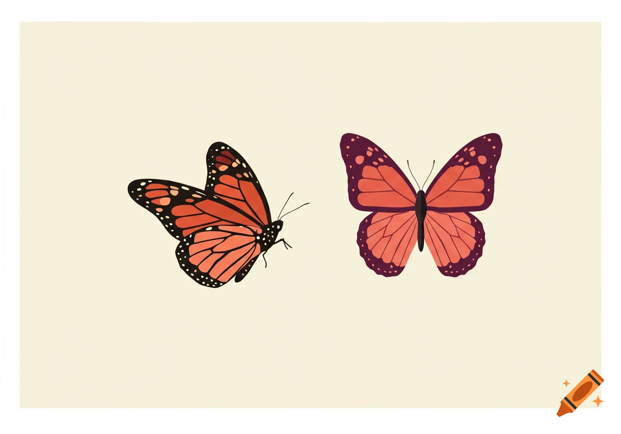 Two stylized butterflies on a light background: one orange and black, the other orange-pink and purple.