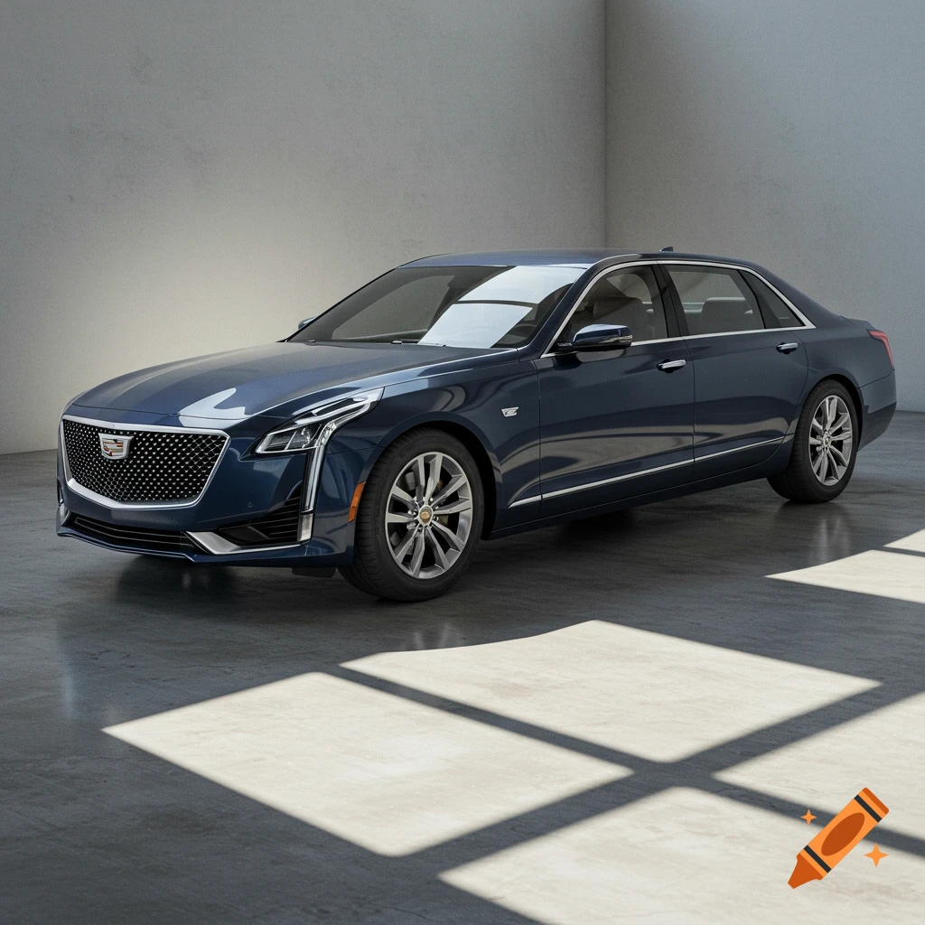 A sleek, dark blue Cadillac sedan is parked in a minimalist garage with soft lighting and sunbeams creating shadow patterns on the concrete floor.