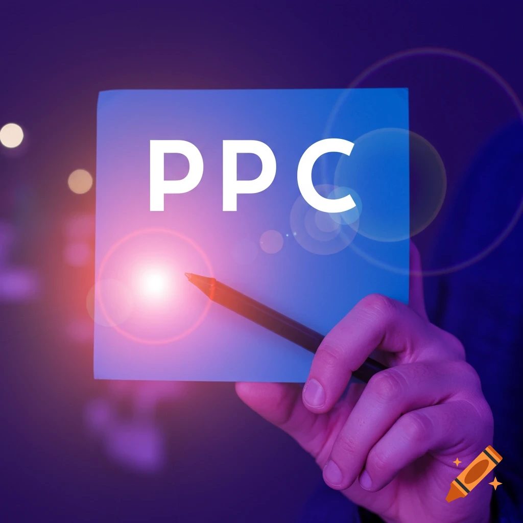 A hand holds a blue card with the letters 'PPC' in white, with a pen pointing to it with a bright light effect on a dark background.