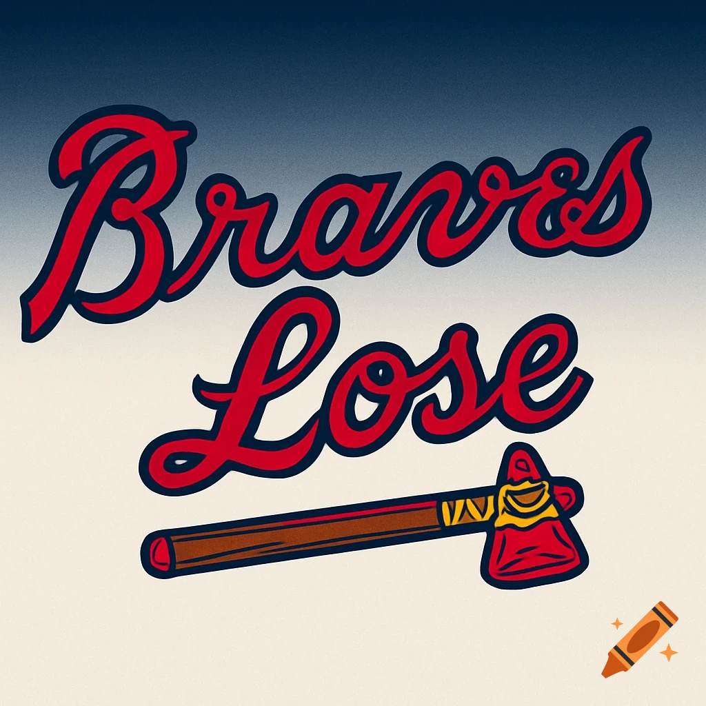 Red script text "Braves Lose" with a brown and red tomahawk underneath, on a gradient background.