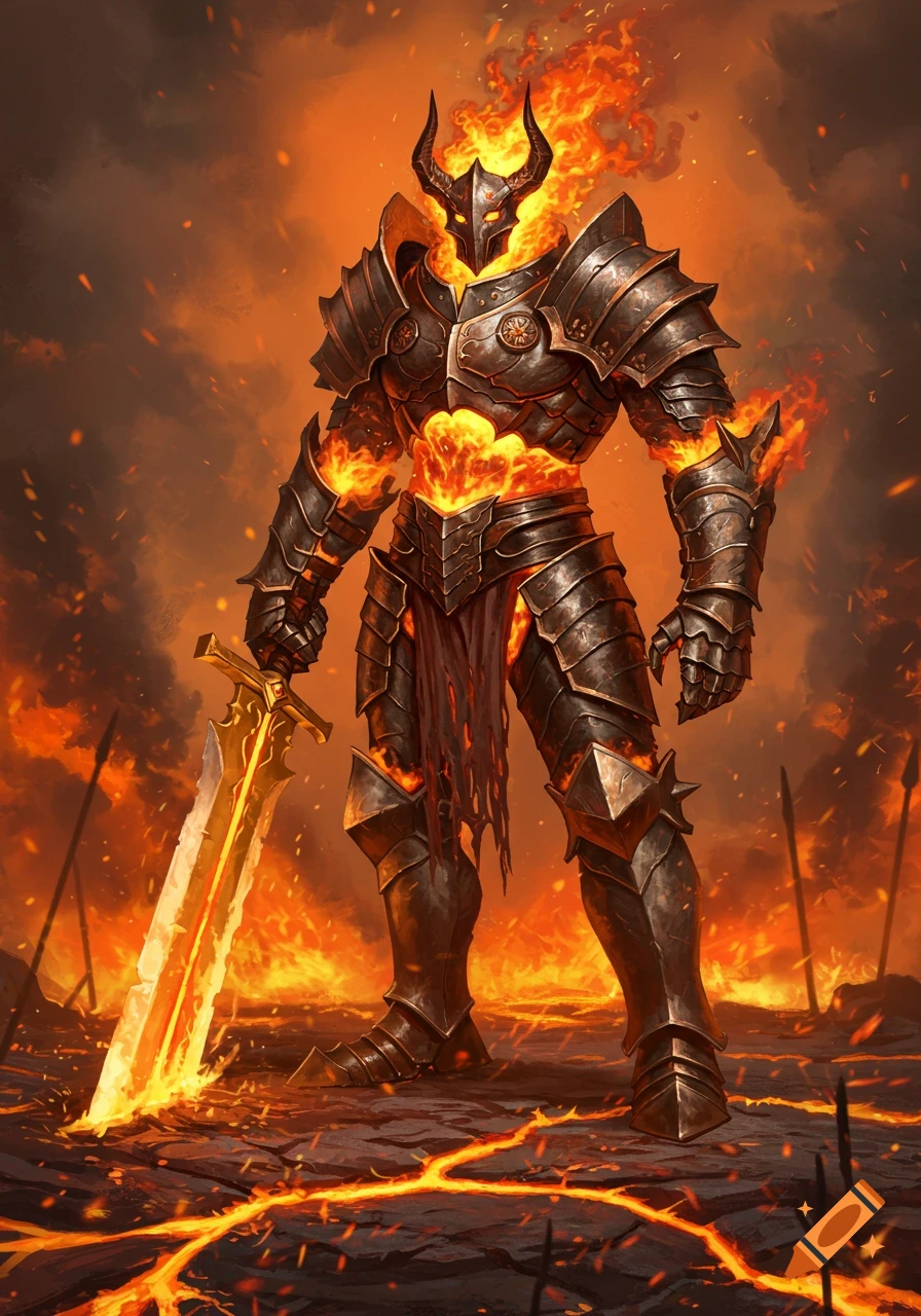 A massive horned fire golem in dark metal armor holds a glowing golden sword amidst a fiery, lava-cracked landscape.