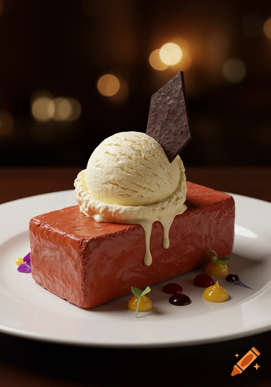 Photorealistic dessert resembling a brick, topped with vanilla ice cream, a chocolate shard, and fruit purees on a white plate.