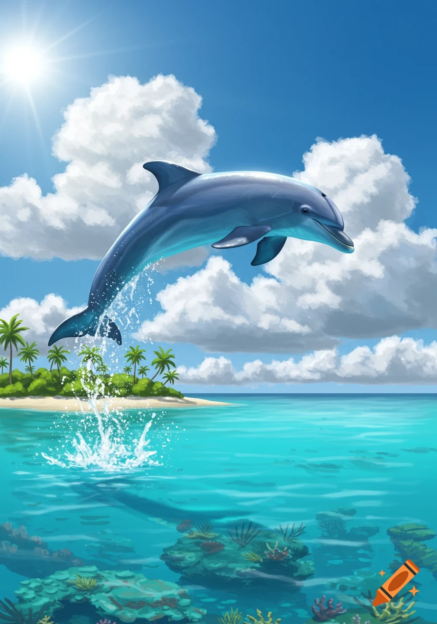 A vibrant illustration of a blue dolphin leaping from clear turquoise water near a tropical island with palm trees under a sunny sky.