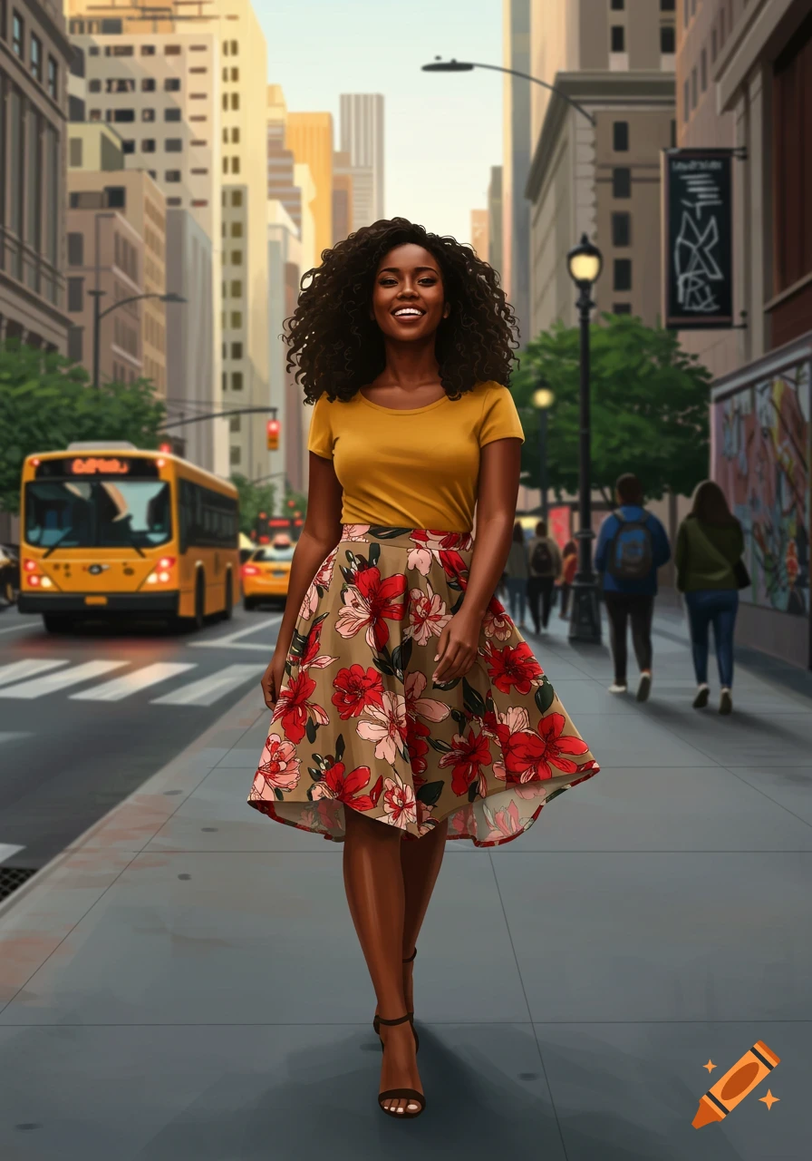 A smiling Black woman with curly hair walks on a city sidewalk, wearing a yellow top and a floral skirt. A yellow bus is in the background.