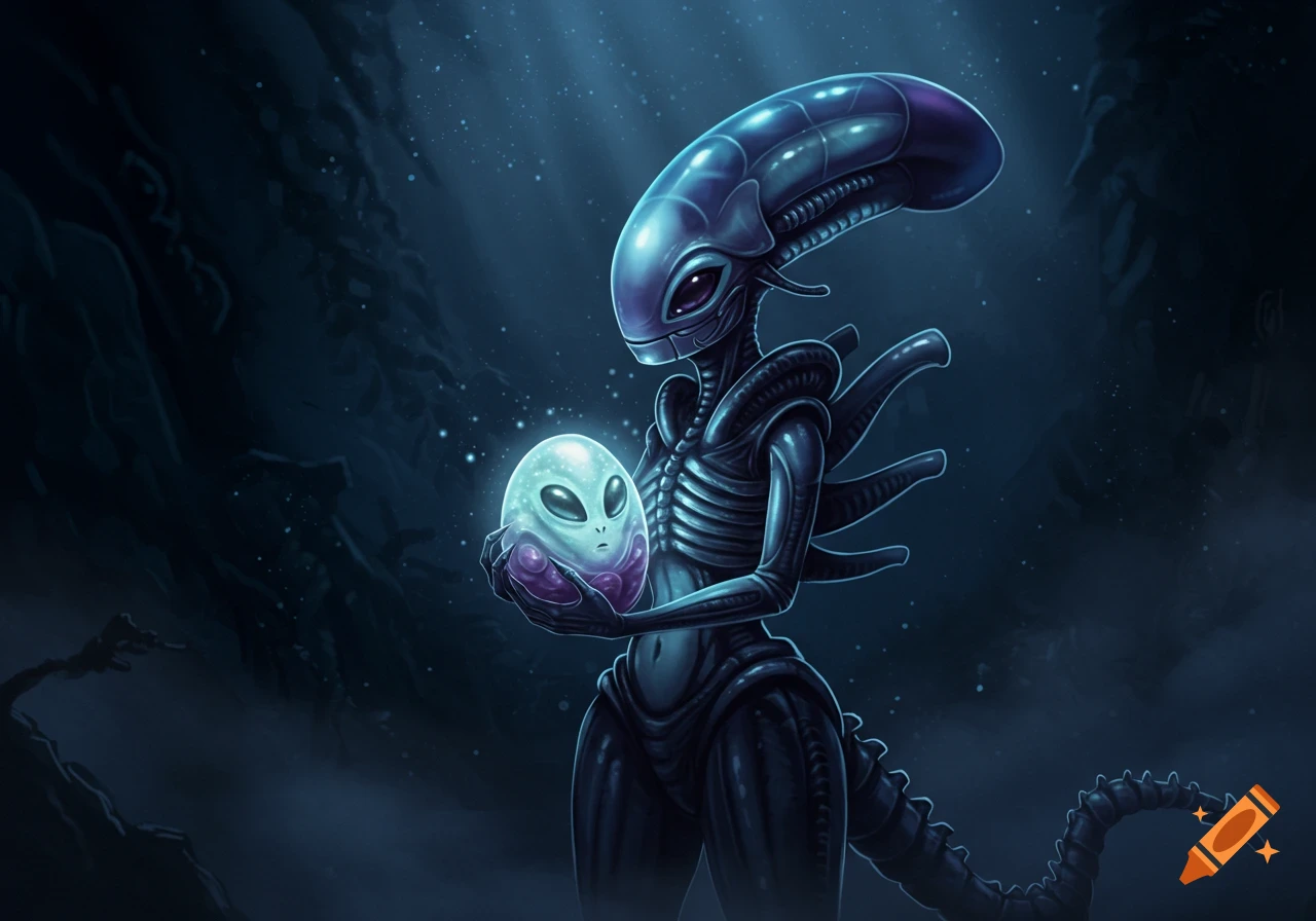 Stylized Alien Queen holding a glowing alien egg in a dark, dramatic concept art style.