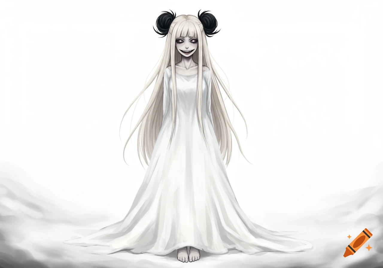 Creepy anime girl with long blonde hair, black buns, wide unsettling smile, and dark eyes, wearing a white dress on a white background.