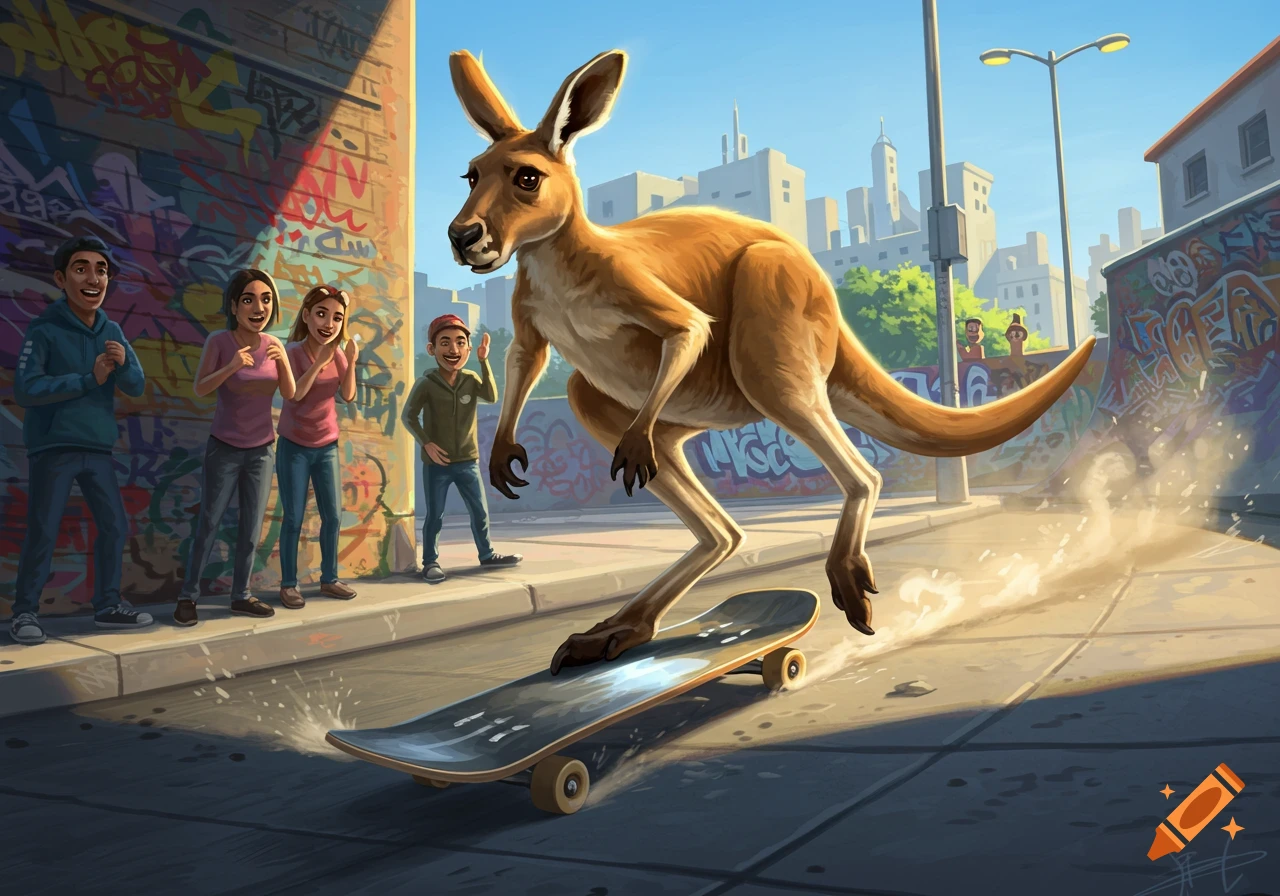 A cartoon kangaroo rides a skateboard down a city street, past graffiti-covered walls, as several people watch in surprise.