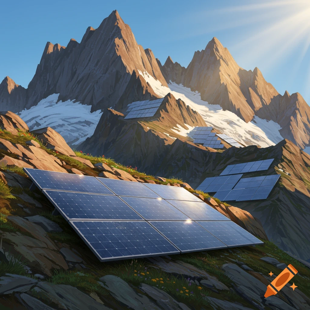 Digital painting of solar panels installed on a steep, rocky mountain slope with snow-capped peaks under a sunny blue sky.