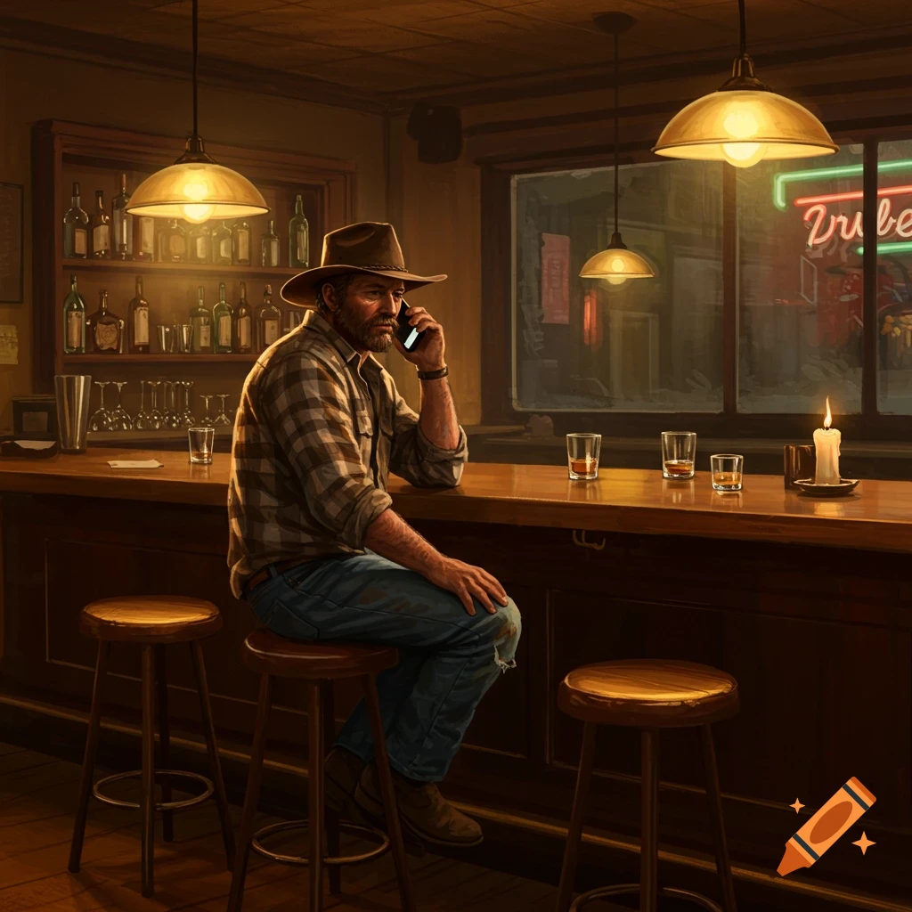 A man in a cowboy hat sits at a bar, talking on a phone, in a rustic, dimly lit establishment. Illustration style.