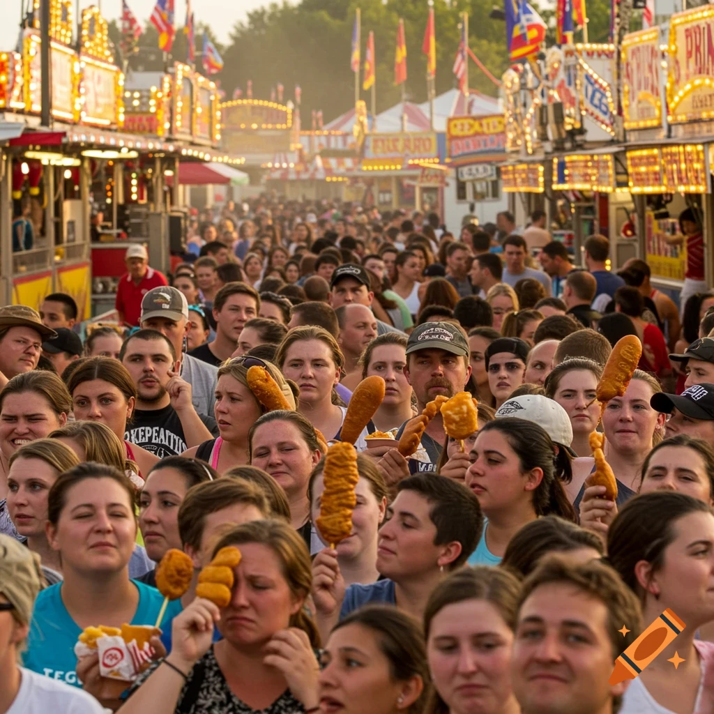 Photorealistic image of a dense crowd at a state fair, with people holding deep-fried foods on sticks. Brightly lit food stalls are in the background.