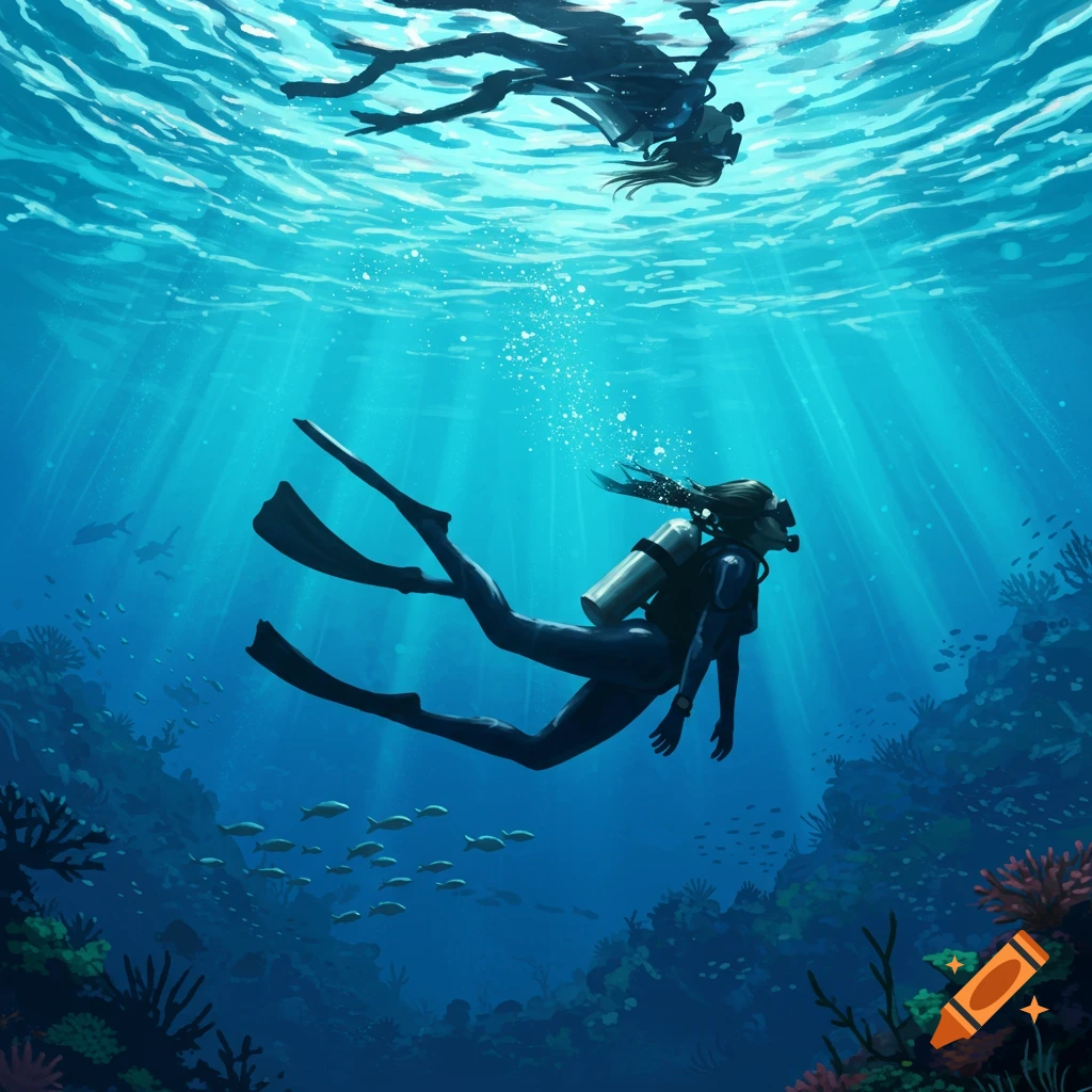 An illustration of a woman in scuba gear swimming underwater, surrounded by coral and fish, with sunlight streaming from the surface.
