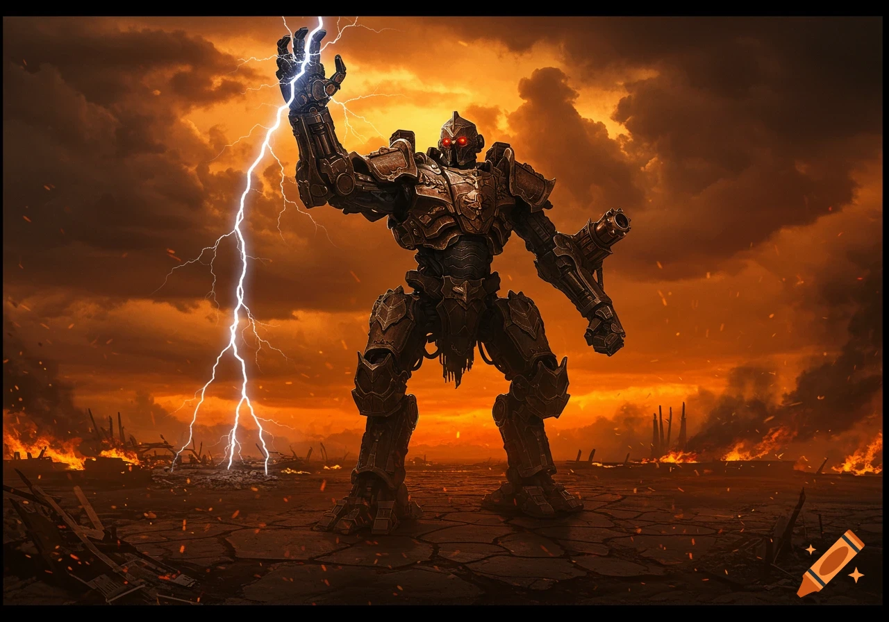 A large, armored mech raises its hand with lightning in a fiery, apocalyptic landscape under a stormy orange sky.