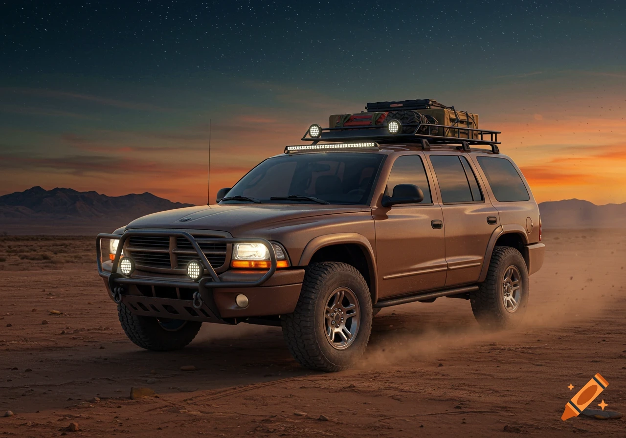 A brown 2004 Dodge Durango with a bull bar and expedition rack drives through a dusty desert at sunset.