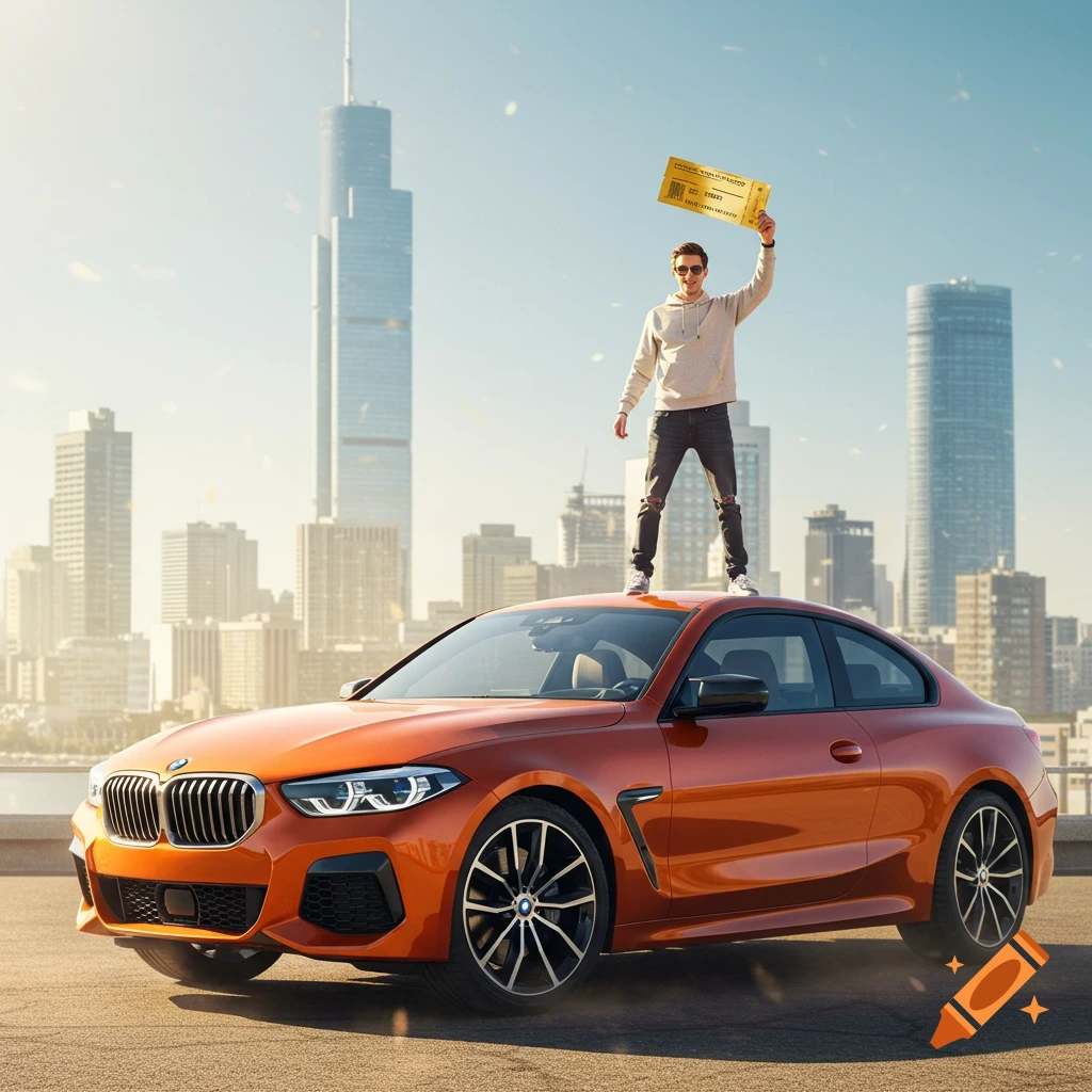 A man stands triumphantly on an orange BMW G87, holding a golden ticket aloft against a city skyline. Photorealistic style.