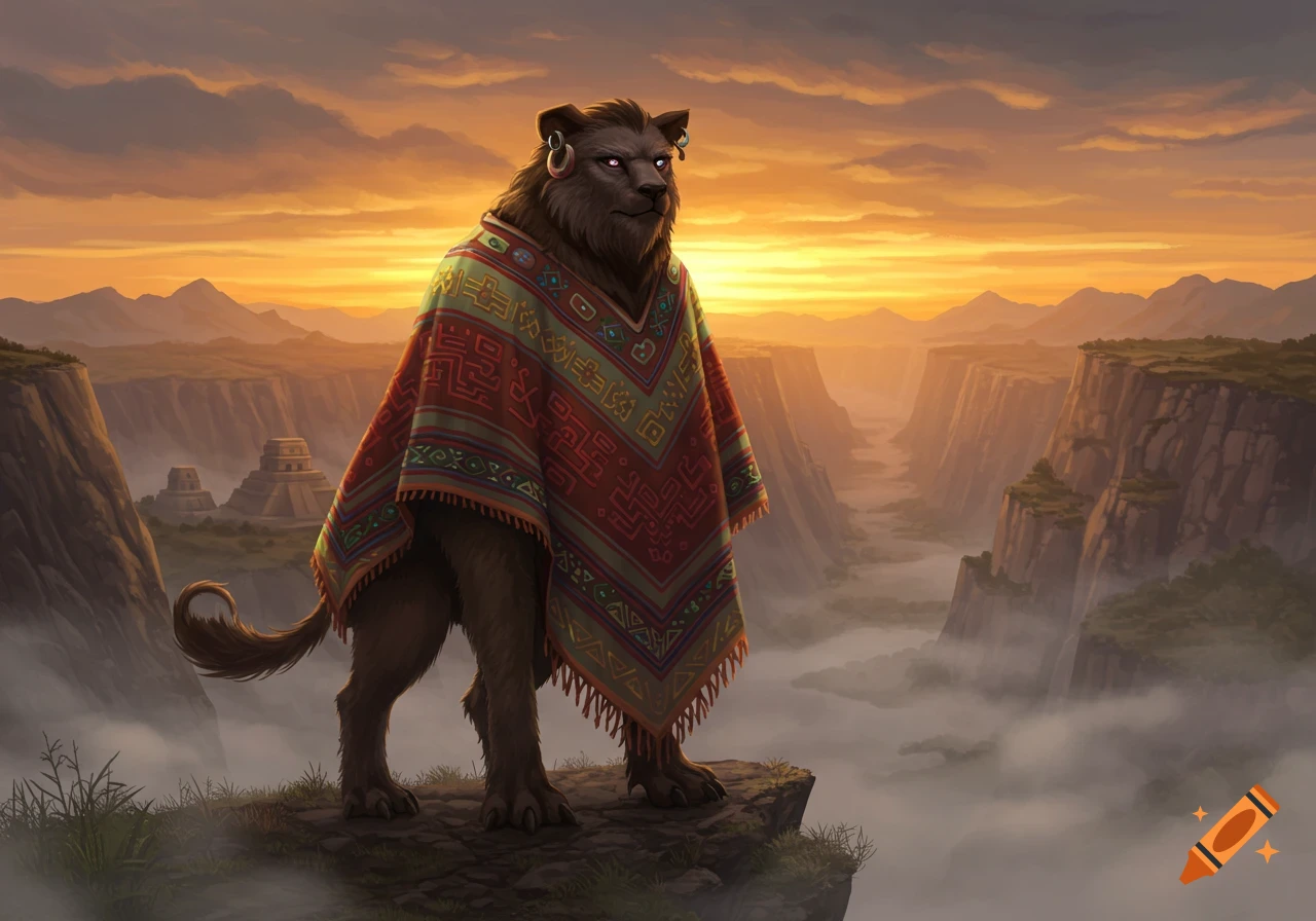 A bear-like creature in a patterned poncho stands on a cliff overlooking a misty canyon with ancient pyramids at sunset, digital art.
