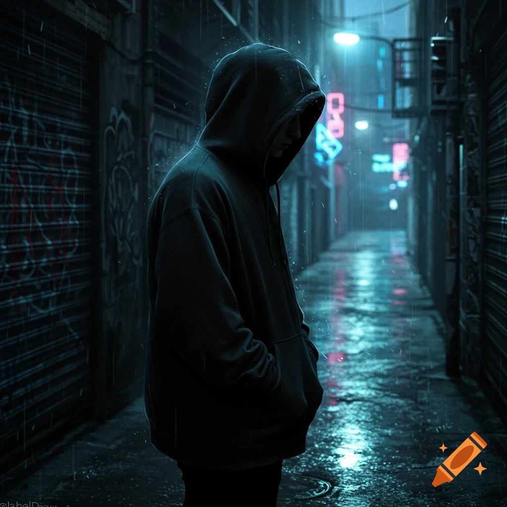 A person in a dark hoodie stands alone in a rainy, neon-lit alley at night, looking down.