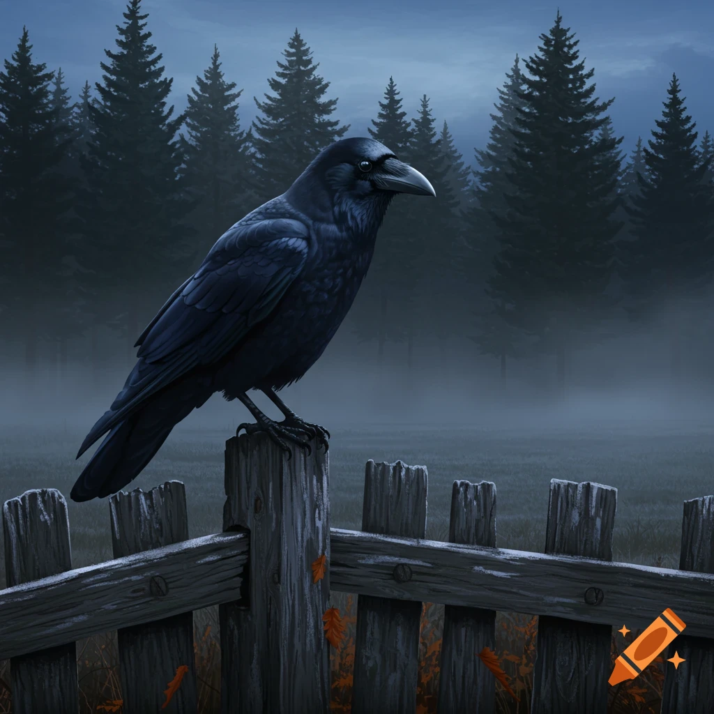 A black crow perches on a weathered wooden fencepost against a misty, dark forest backdrop.
